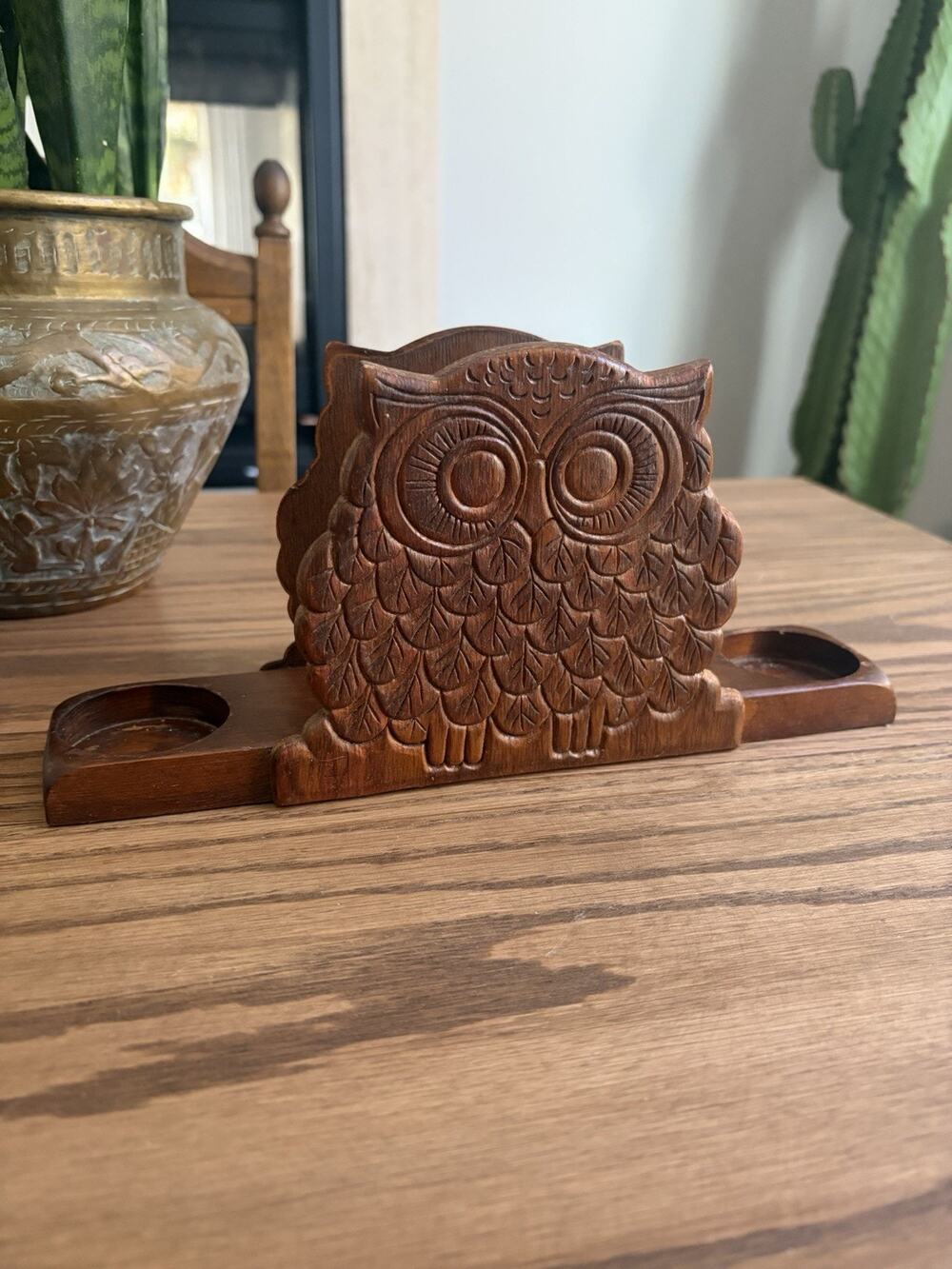 Vintage 1970s Midcentury Wood Carved Owl Napkin Holder Salt and Pepper Caddy